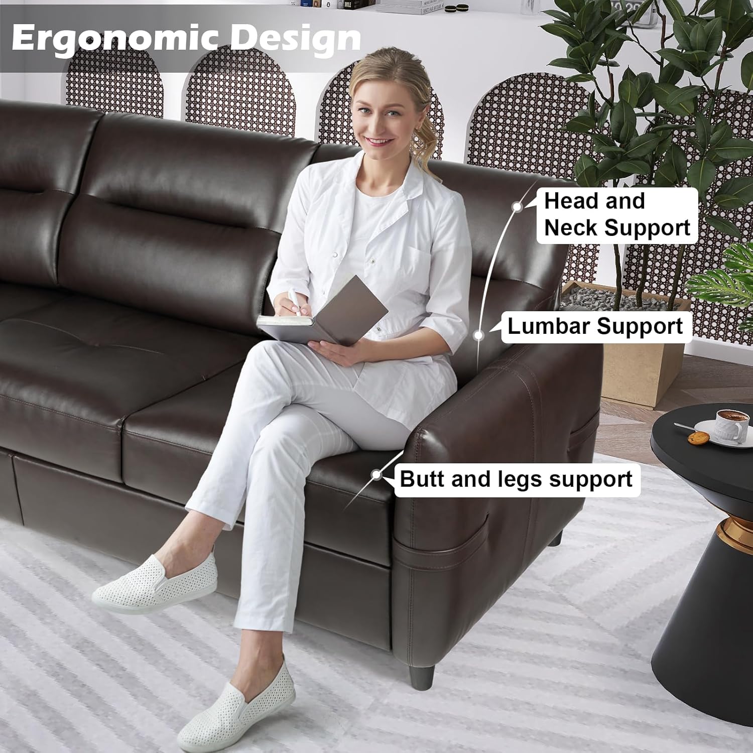 STHOUYN 85” Faux Leather Sofa Brown Leather Couch with USB, Mid Century Modern 3 Seater Couches Sofas Living Room Apartment, Large Office Sofa Couch, Stain Resistant & 3 Tufted Cushion (Brown)