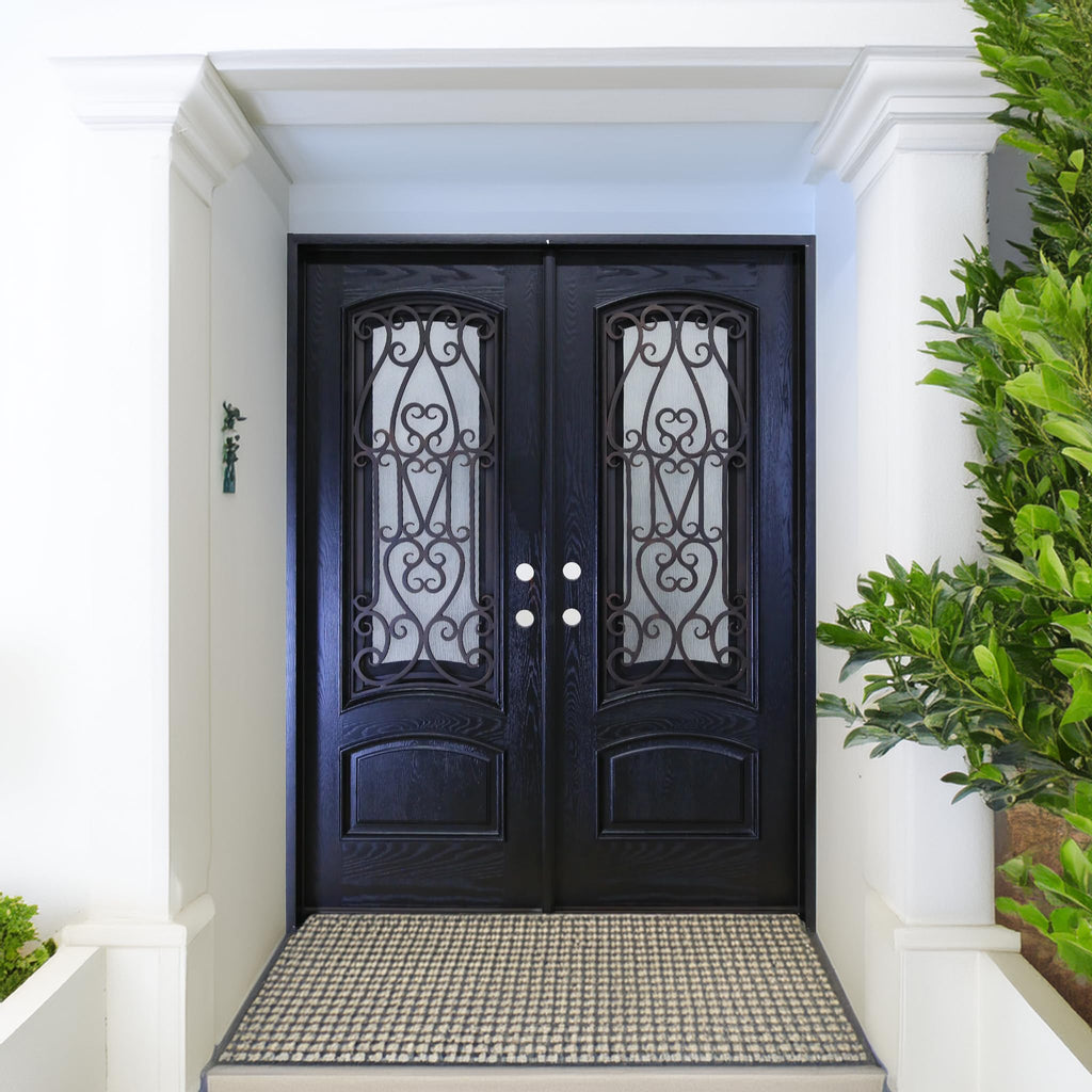 72" x 80" Environment Damage Resistant Polyurethane Composite Exterior Entry House Front Door, Wrought Iron Door w/Openable Tempered Rain Glass Window, Right-Hand Double Espresso