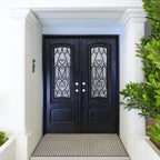 72" x 80" Environment Damage Resistant Polyurethane Composite Exterior Entry House Front Door, Wrought Iron Door w/Openable Tempered Rain Glass Window, Right-Hand Double Espresso