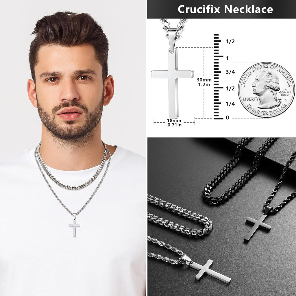 Romass 4Pcs Cross Necklace for Men,Silver Black Layered Necklace for Men Stainless Steel Cross Chain Pendant Jewelry Box Gifts 18-24 Inches