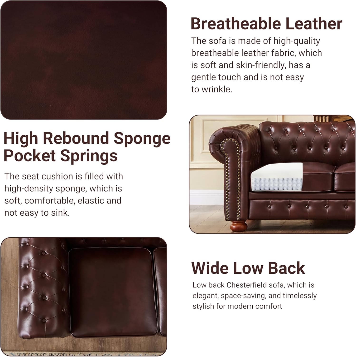 Chesterfield Leather Sofa, 89" Mid Century Modern Couch with Low Back, Roll Arm Nailhead Trim Classic 3 Seater Couch for Living Room, Office, Apartment, PU Burgundy