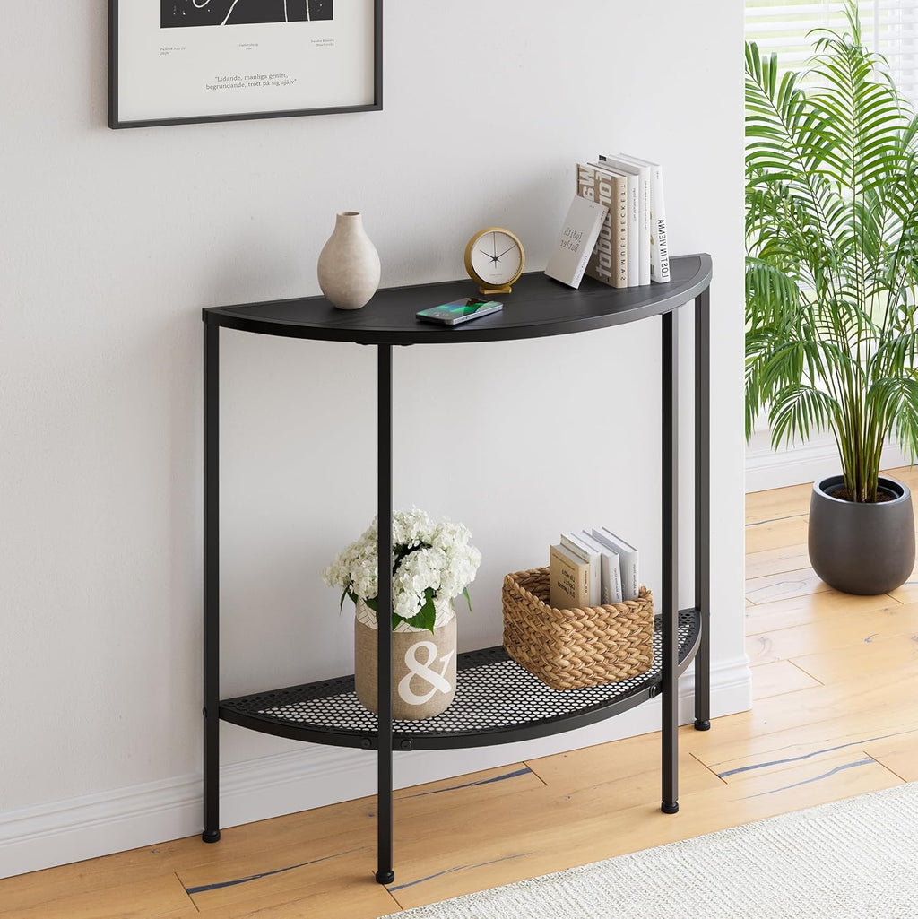 Console Table 2 Tier Narrow Entryway Table with Storage,Half Moon Sofa Couch Table,Small Hallway Entry Way Tables,Wooden Accent Side Table for Living Room Coffee Table,Black