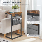 HOOBRO C Shaped End Table with Charging Station, 28" H Couch Side Table Slide Under, Sofa Arm Tray Table with Storage Bag for Living Room, Recliner, Rustic Brown BF70USF01