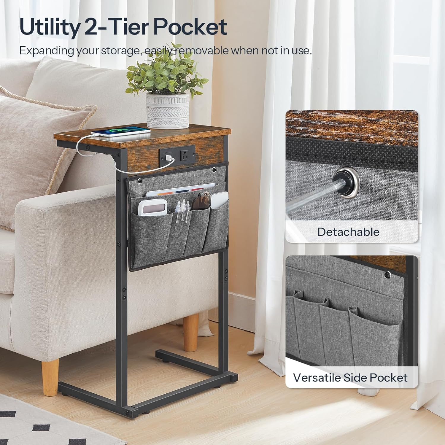 HOOBRO C Shaped End Table with Charging Station, 28" H Couch Side Table Slide Under, Sofa Arm Tray Table with Storage Bag for Living Room, Recliner, Rustic Brown BF70USF01