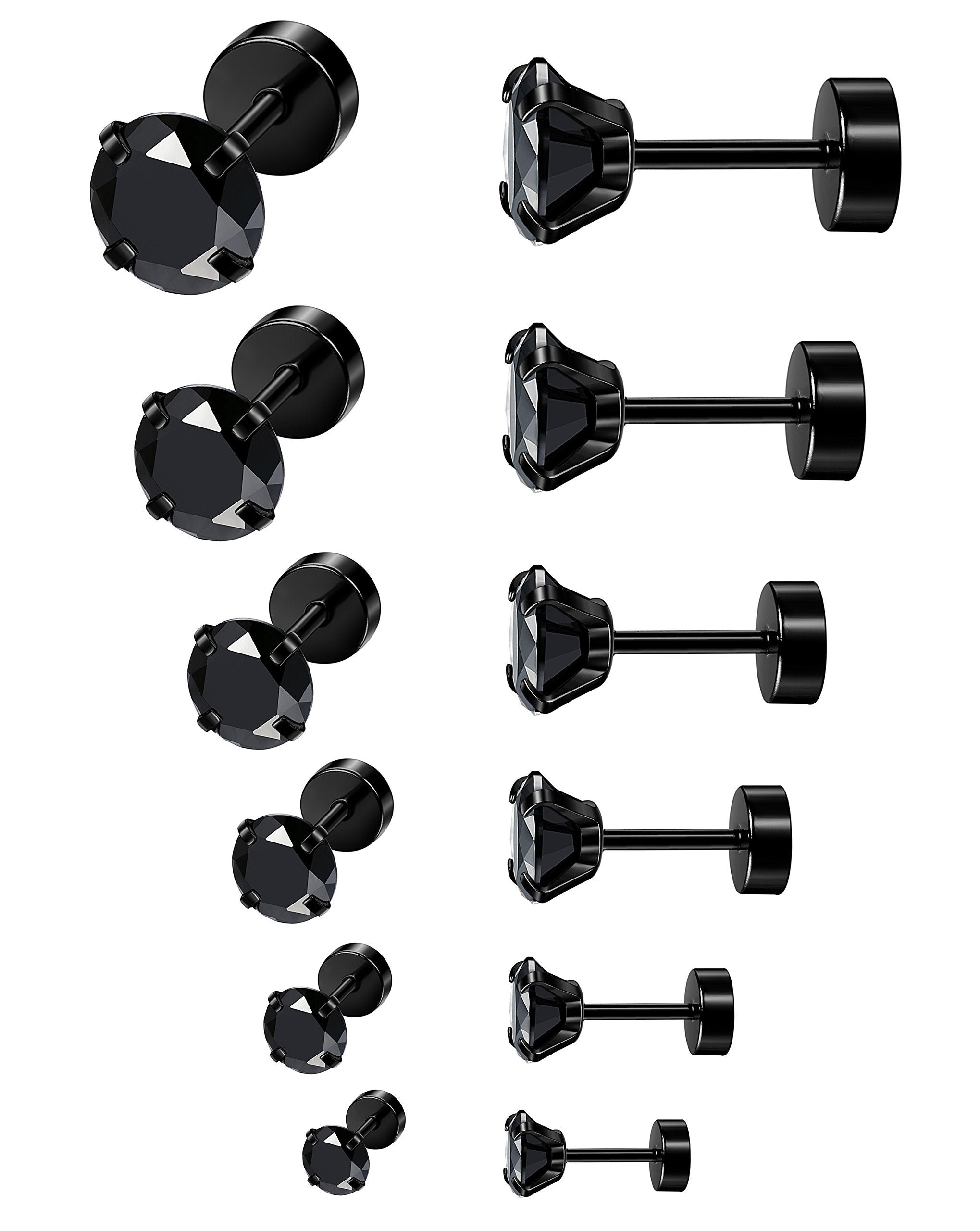 ORAZIO 6Pairs Hypoallergenic Flat Back Earrings 316L Stainless Steel Studs for Sensitive Ears, 3-8mm Cubic Zirconia, Stylish Jewelry for Women Men - Silver