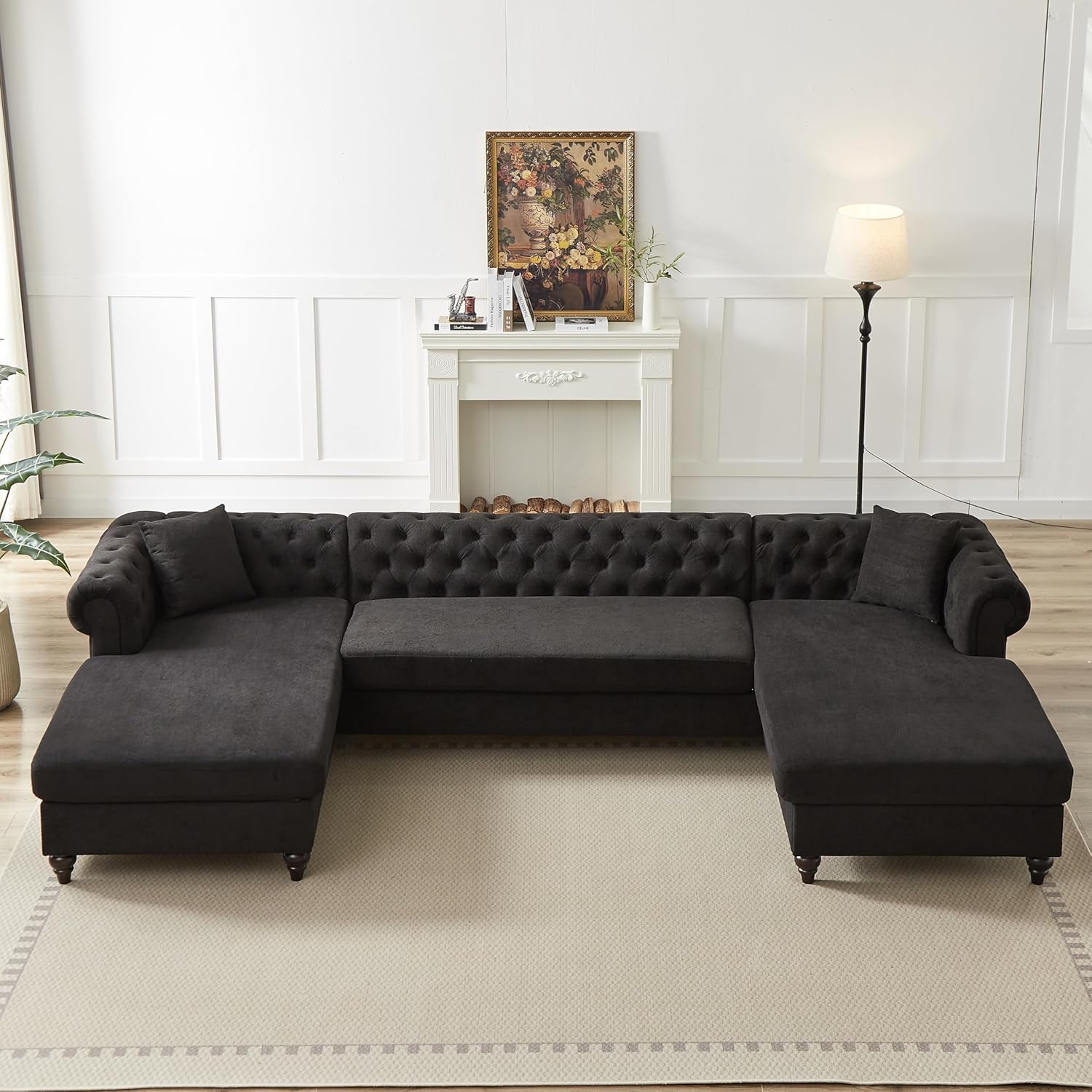 U-Shaped Oversized Symmetrical Sectional Sofa Couch Classic Chesterfield Scroll Armrest Button Tufted Sofa&Couch with Extra Wide Chaises and 2 Pillows for Living Room Home Theater/Office/Apartment