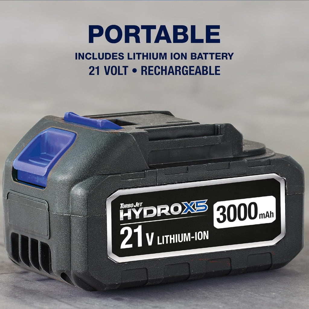 Ontel Turbo Jet HydroX5 Pro Portable Cordless Pressure Washer (21V 3000mAh Battery), 6-in-1 Nozzle, Dual Water Source, 16ft Detachable Hose