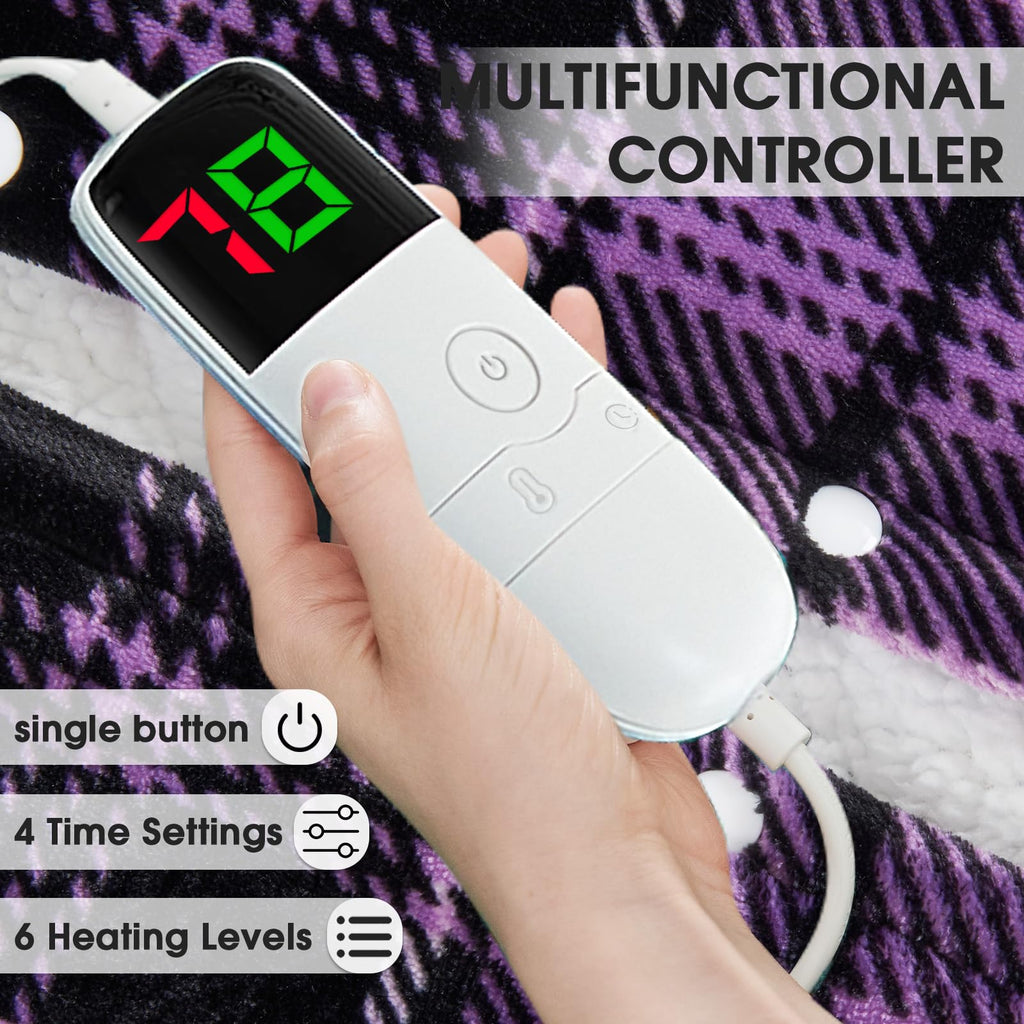 Elektrisch verwarmd deken, 50X60, verwarmingsdeken met 10 verwarmingsniveaus/8 uur automatische uitschakeling, marineblauw geruit Sherpa-dekenverwarmer voor volwassenen, wasbaar deken cadeau voor bank bed kantoor, ETL