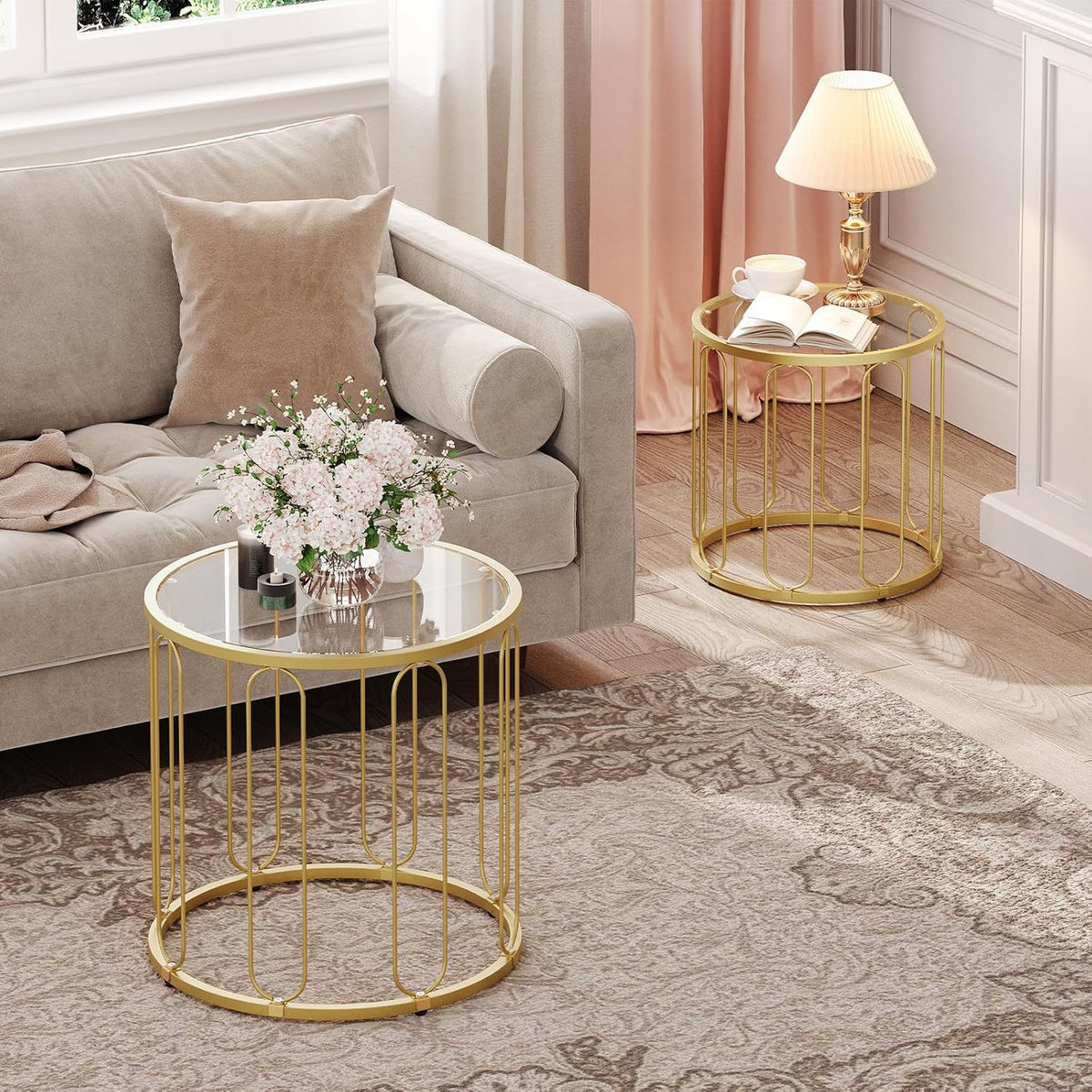 HOOBRO Small Coffee Table Set of 2, Gold Accent End Tables with Metal Frame, Round Coffee Side Table with Tempered Glass Top, for Living Room, Bedroom, Gold GD113BZ01