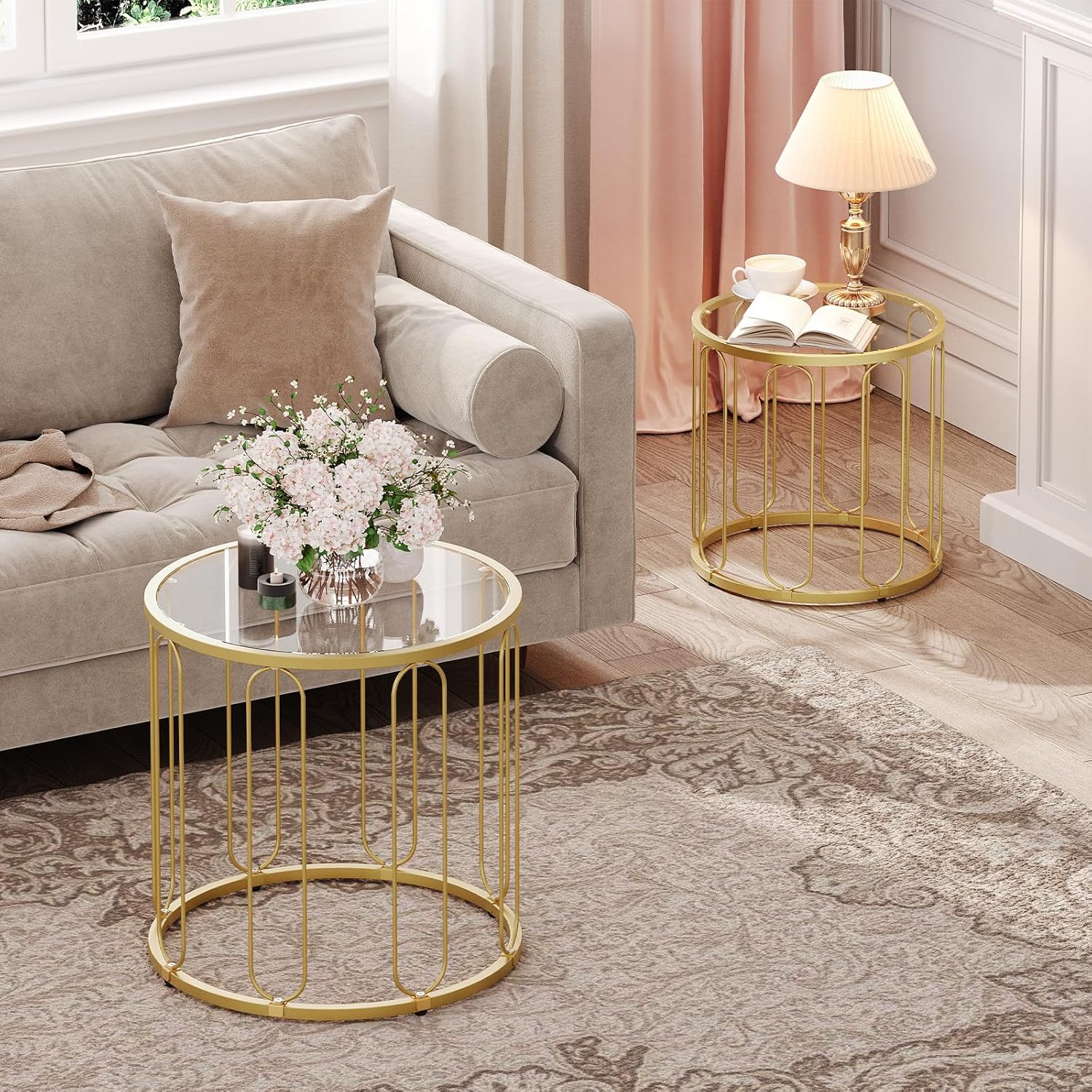 HOOBRO Small Coffee Table Set of 2, Gold Accent End Tables with Metal Frame, Round Coffee Side Table with Tempered Glass Top, for Living Room, Bedroom, Gold GD113BZ01
