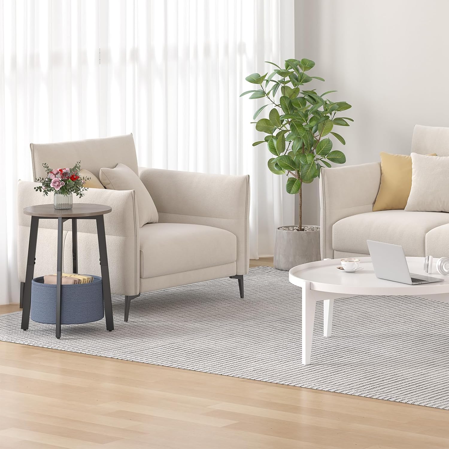 Small Round Side End Table with Cloth Storage Basket, Round Bedside Sofa Couch Coffee Tables for Small Places with Metal Frame, Modern Nighstands for Living Room Bedroom, Grey