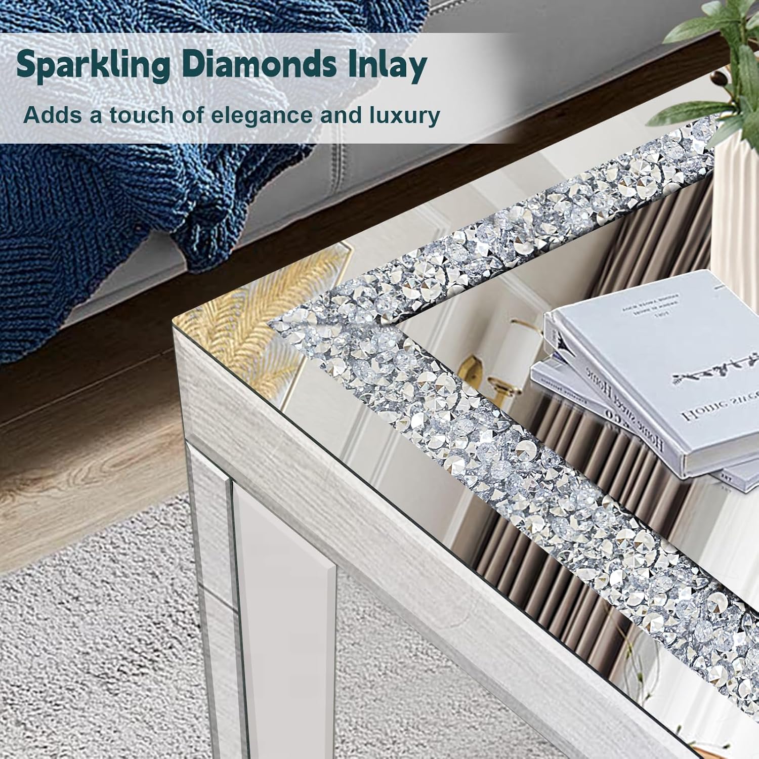 Silver Mirrored Coffee Table with Crystal Inlay, Rectangle Glass Tea Table with Mirrored Finish, Modern Center Table for Living Room and Office (23.6" D x 35.4" W x 17.7" H)