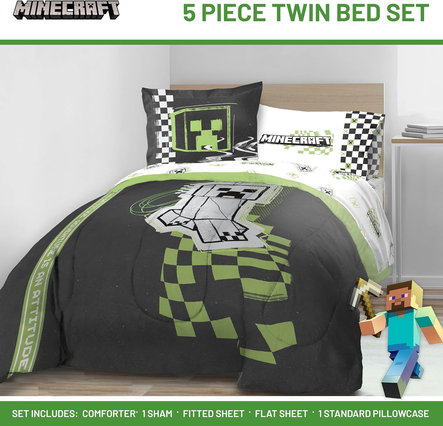 Jay Franco Minecraft Creeper Twin Comforter Set - 5 Piece Bedding Includes Sheet Set & Pillow Covers - Super Soft Gren & Gray Bedding