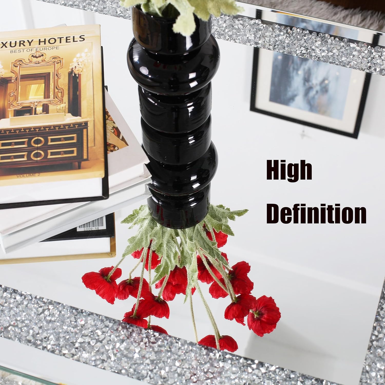 Silver Coffee Tables for Living Room with Dazzling Crushed Crystal Border, Clear Glass Rectangle Center Table Mirrored Finished, Glam Modern Living Room Furniture