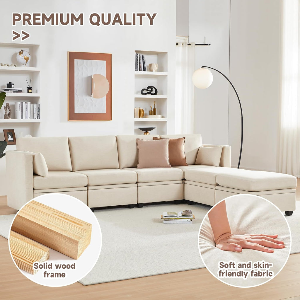 Modular Sectional Sofa with Storage, U Shaped Sectional Couch for Living Room, Convertible Modular Sofa Couch with Ottomans, High Supportive & Soft Sponge, 6 Seat, Beige