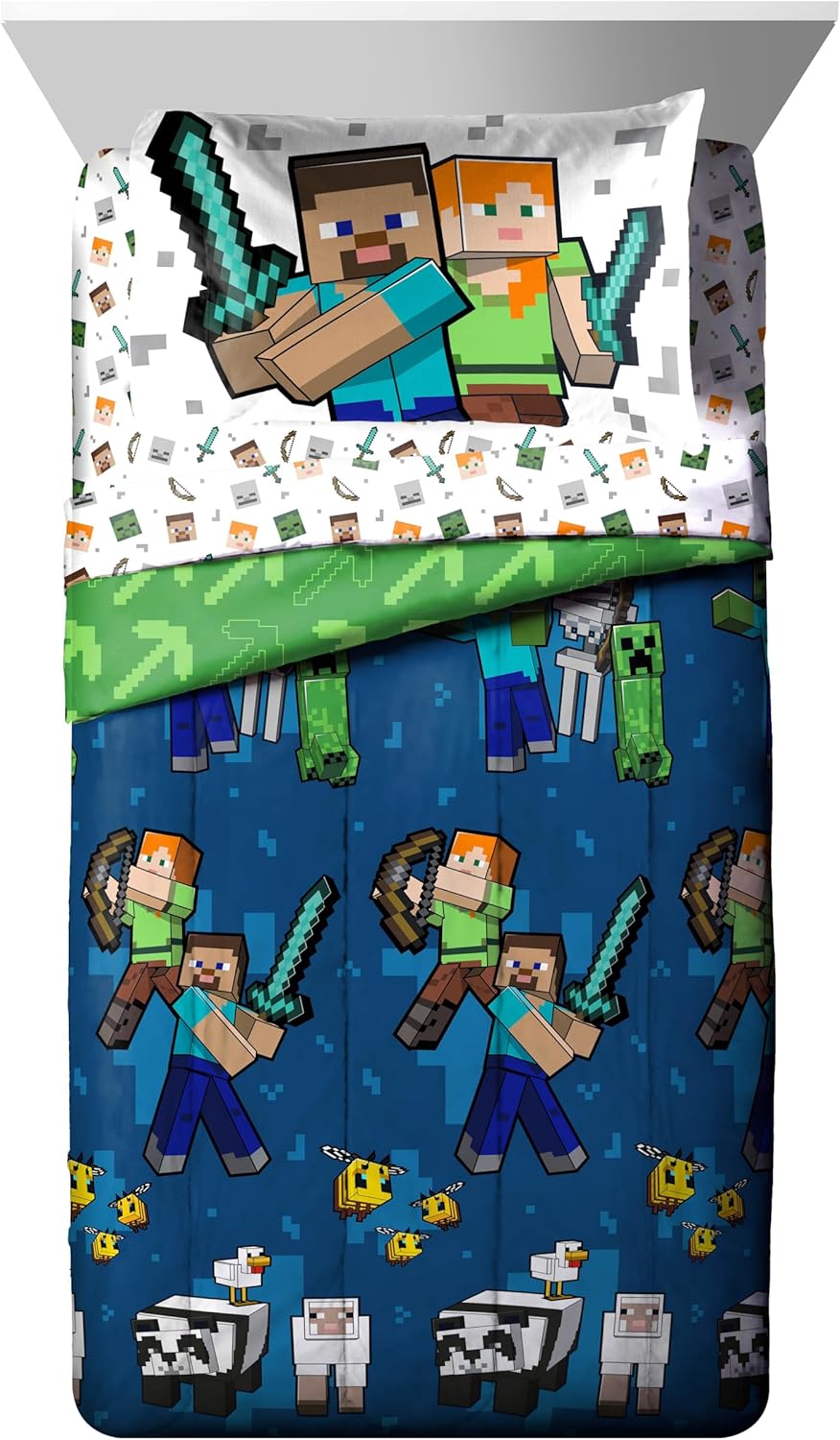 Jay Franco Minecraft Twin Comforter Set - 5 Piece Bedding Includes Sheet Set & Pillow Covers - Super Soft Kids Bedding Features Creeper & Zombie