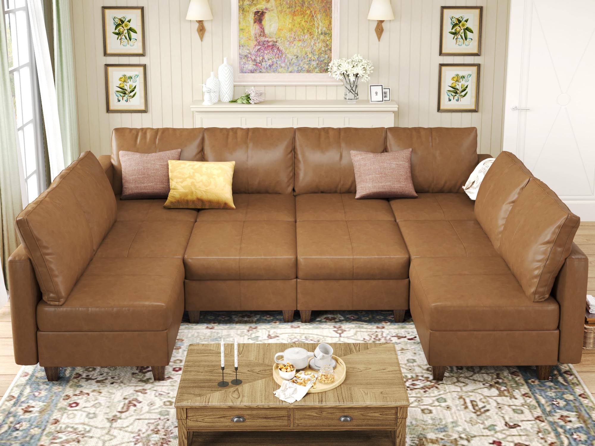 EASE MOOSE Brown Modular Sectional Couch with Storage, Faux Leather Sectional Modular Sofa or Living Room