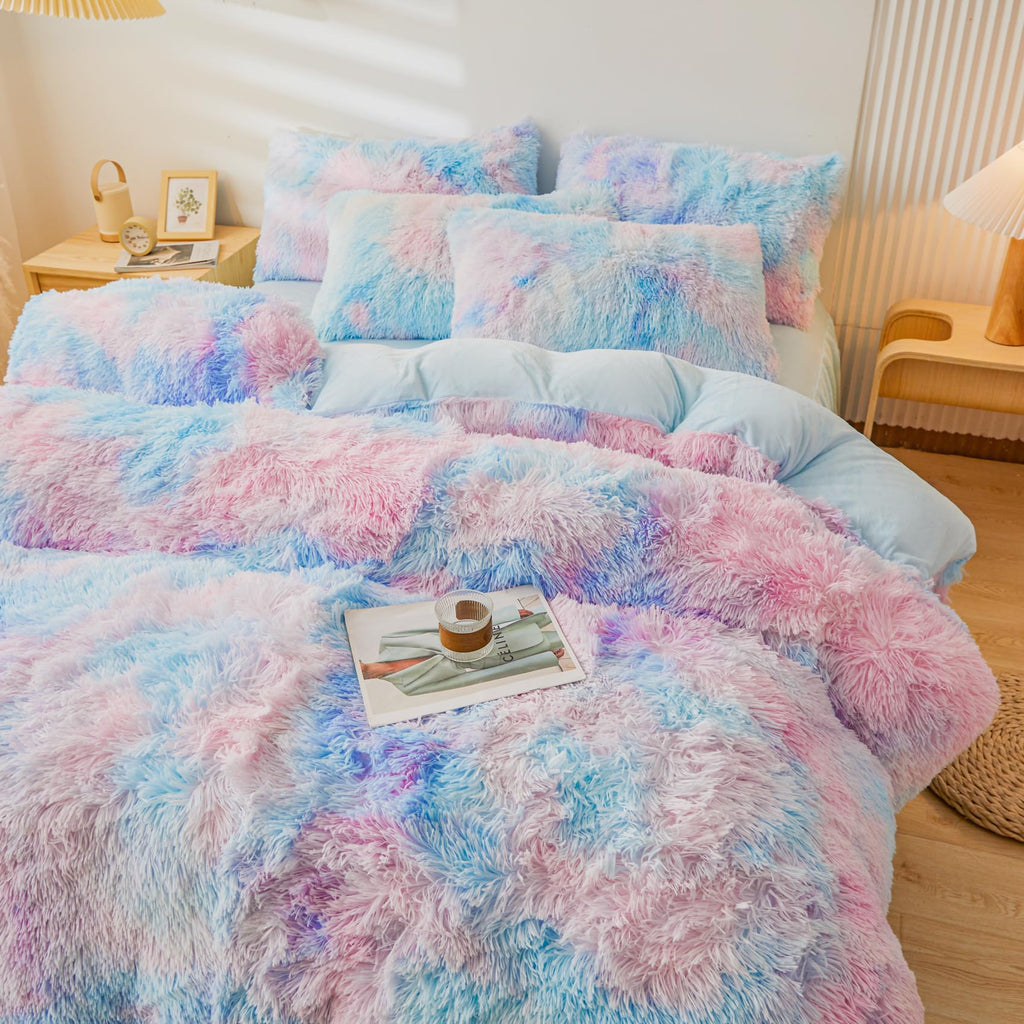 Fluffy Pink Faux Fur Comforter Cover Set，Fluffy Fuzzy Plush Pink Bedding 3Pcs (1 Faux Fur Duvet Cover +2 Fuzzy Pillowcases) Pink Fluffy Bed Set (Pink, Queen)