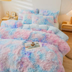 Fluffy Pink Faux Fur Comforter Cover Set，Fluffy Fuzzy Plush Pink Bedding 3Pcs (1 Faux Fur Duvet Cover +2 Fuzzy Pillowcases) Pink Fluffy Bed Set (Pink, Queen)