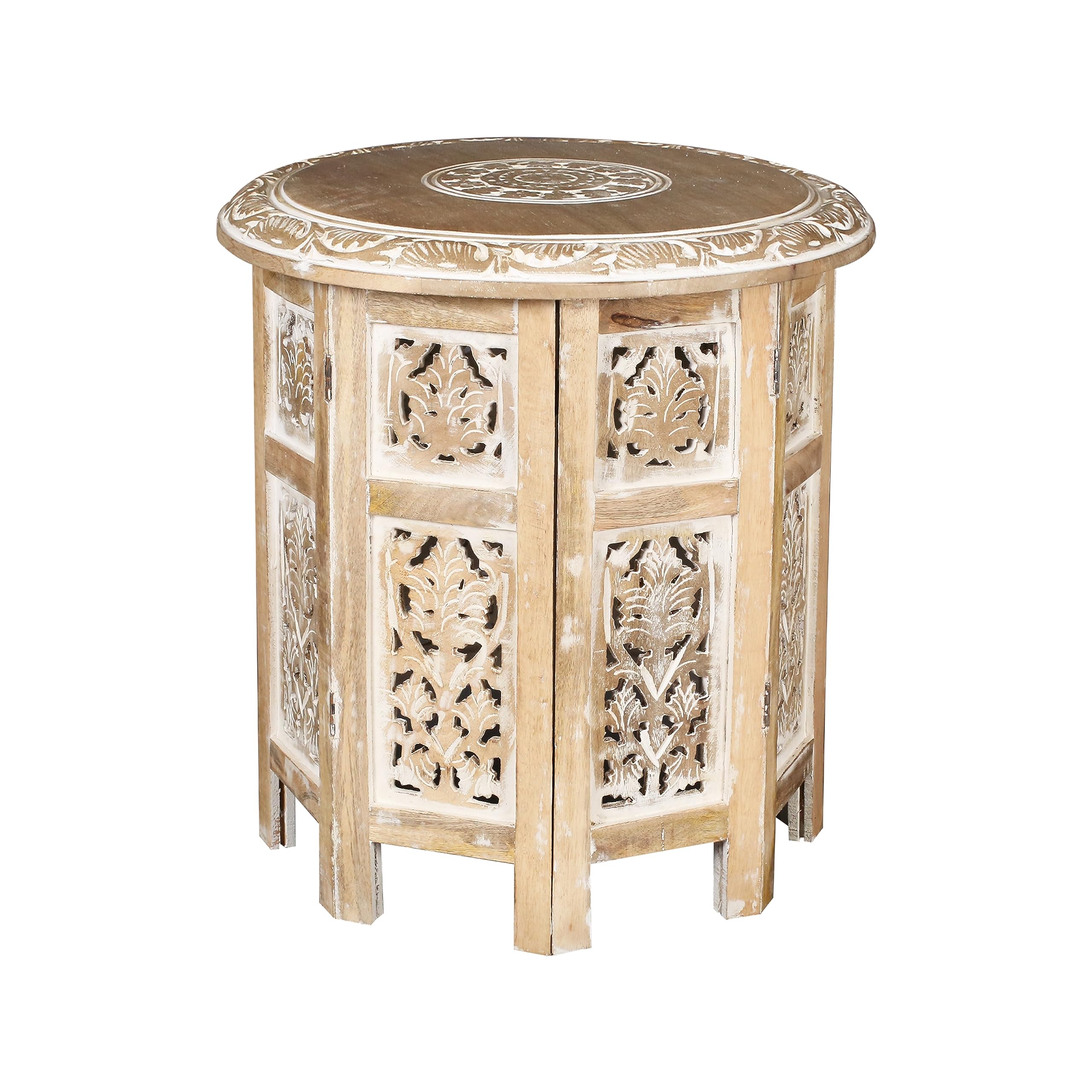 Lightnpro Handcrafted Wooden Round Accent Table - Vintage Farmhouse Octagonal Side End Table with Intricate Carvings for Living Room, Bedroom, Entryway - 18x18 Inch - Burnt