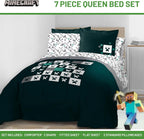 Jay Franco Minecraft Creeper Queen Comforter Set - 7 Piece Gamer Bedding Includes Sheet Set & Pillow Covers - Super Soft Checkered Bedding