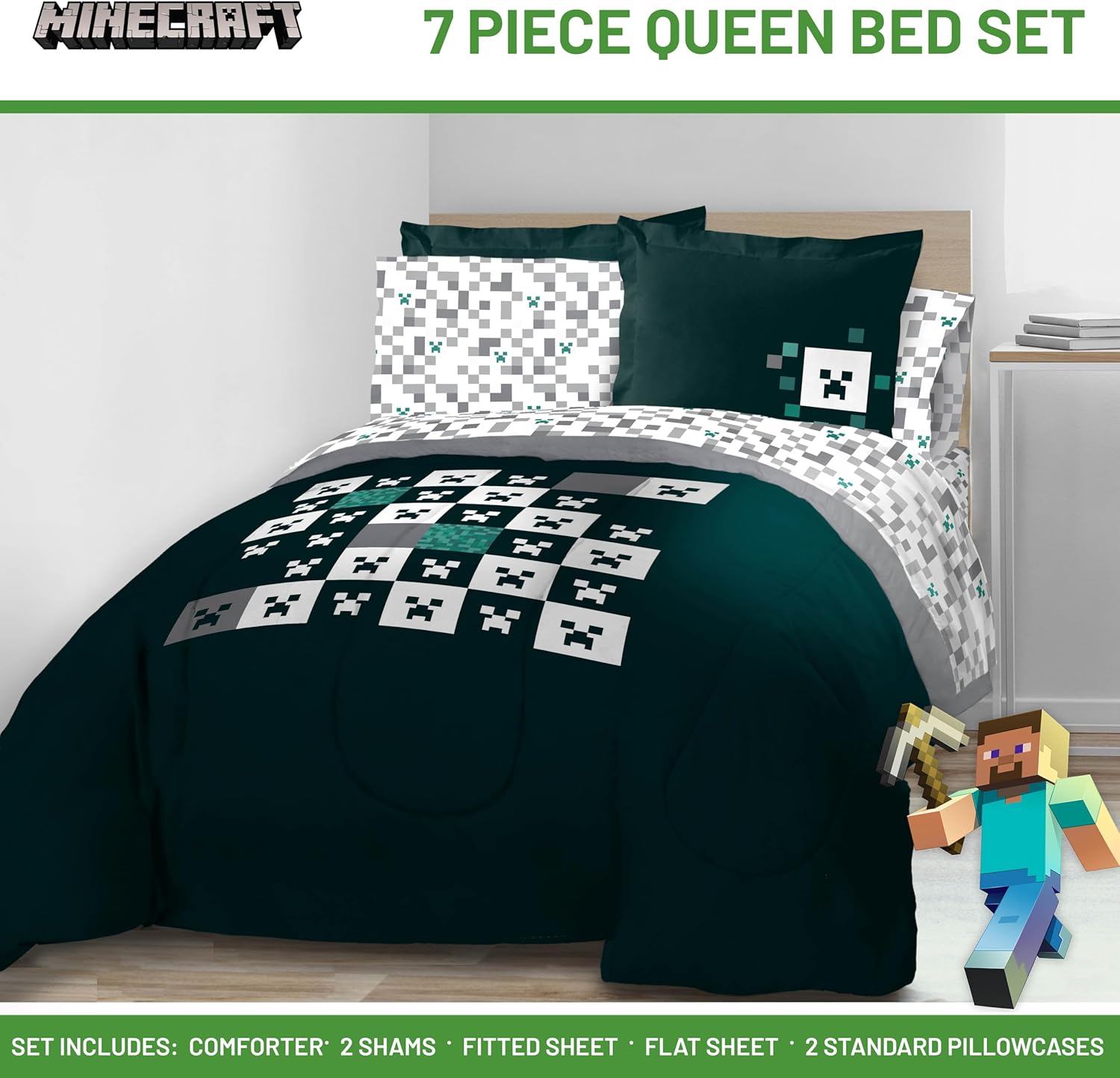 Jay Franco Minecraft Creeper Queen Comforter Set - 7 Piece Gamer Bedding Includes Sheet Set & Pillow Covers - Super Soft Checkered Bedding