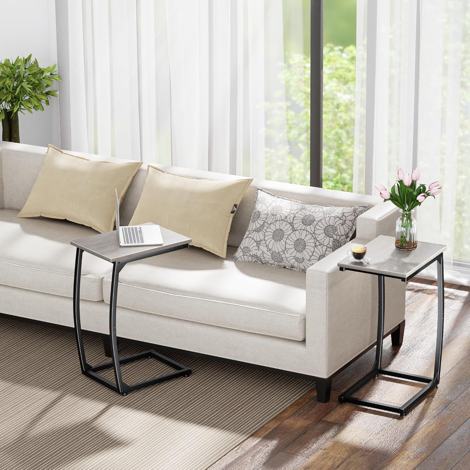 C-Shaped End-Table Set of 2 - Side Table for Couch,Curved Support Legs, Slide Under Couch Table for Sofa, TV Tray Table for Living Room Bedroom（Lvory）