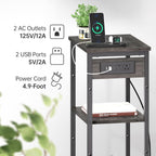Tall End Table with Charging Station, 3 Tier Narrow Beside Table with Adjustable Shelf, Tall Gray Side Table Nightstand for Bedroom, Living Room Coffe Table, Office, Charcoal Grey