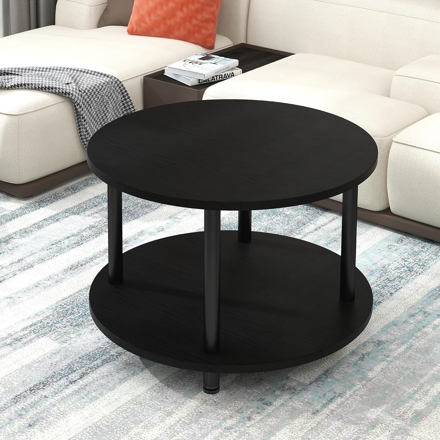 23.6" Round Coffee Table, 2-Tier Small Circle Coffee Table with Storage, Modern Center Accent Table with Metal Frame, Side Table End Table for Small Space, Living Room, Office, Black