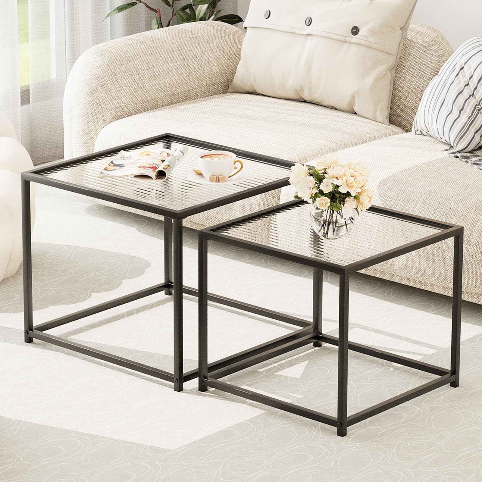 Garden 4 you Coffee Table Set of 2, Modern Engineered Wood Nesting Table, Metal Frame Square Center Table Set, Side Tables, Nesting Coffee Table for Living Room, Bedroom and Small Spaces, 23.6in Gold