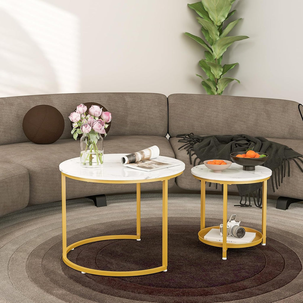 Nesting Coffee Table Set of 2,23.6" Modern Round Coffee Table with Gold Metal Frame,White Nesting Circle Patio Coffee Table Set of 2 for Living Room Garden Bedroom (White)