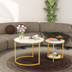 Nesting Coffee Table Set of 2,23.6" Modern Round Coffee Table with Gold Metal Frame,White Nesting Circle Patio Coffee Table Set of 2 for Living Room Garden Bedroom (White)
