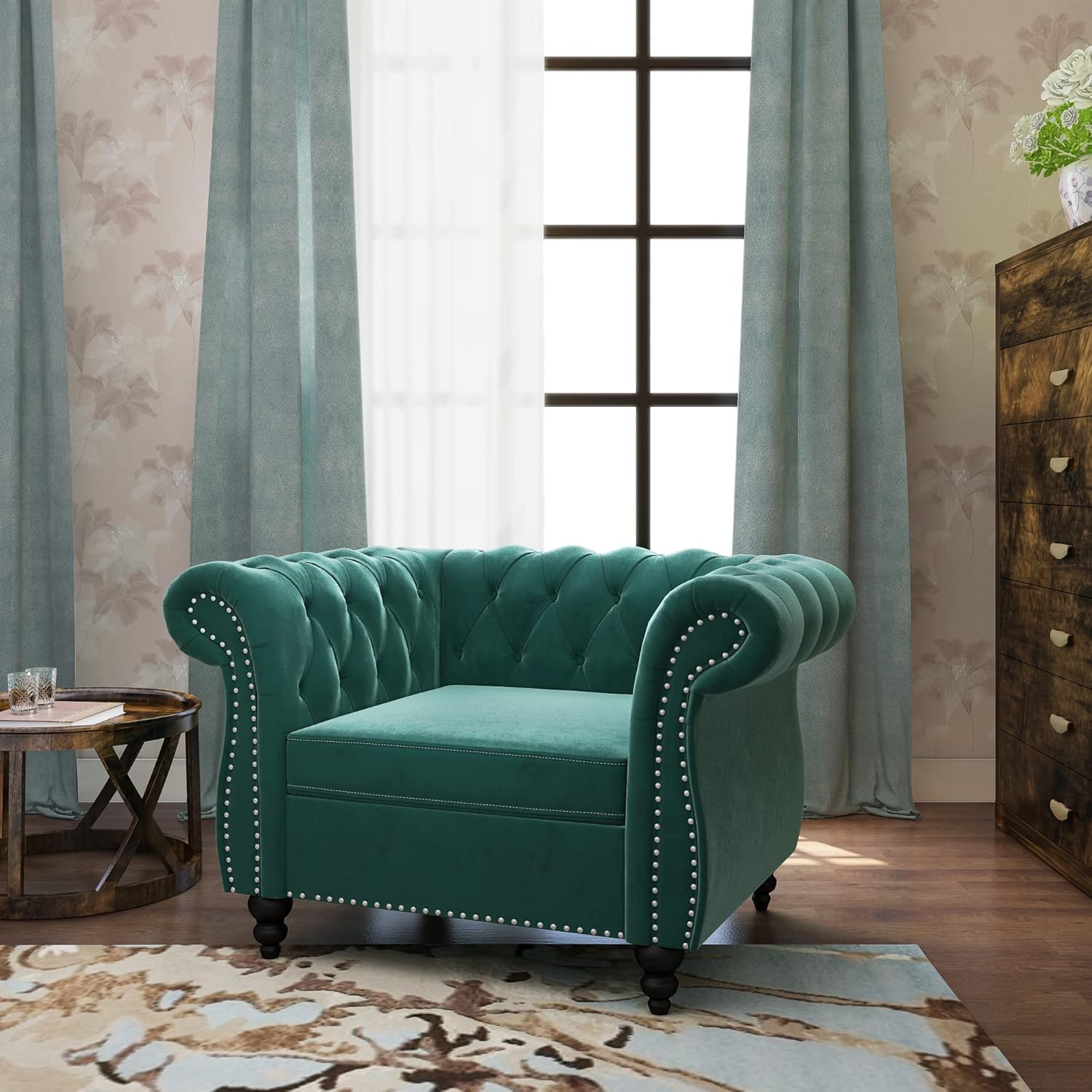 AVZEAR 3-Piece Living Room Sectional Sofa Set, Green Velvet Couch Upholstered Sofa Modern Sofa Couches Set Style Button Tufted, Velvet Chesterfield Sofa for Living Room Apartment, 1+2+3 Seat Green