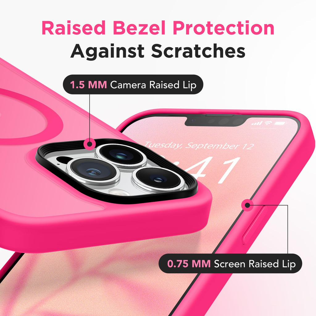 GONEZ iPhone 13 Pro Max用マグネットケース、MagSafe対応、[Military-Grade Drop Protection][Anti-Fingerprint] スリム半透明マットバック衝撃吸収電話保護ケース（ホットピンク）