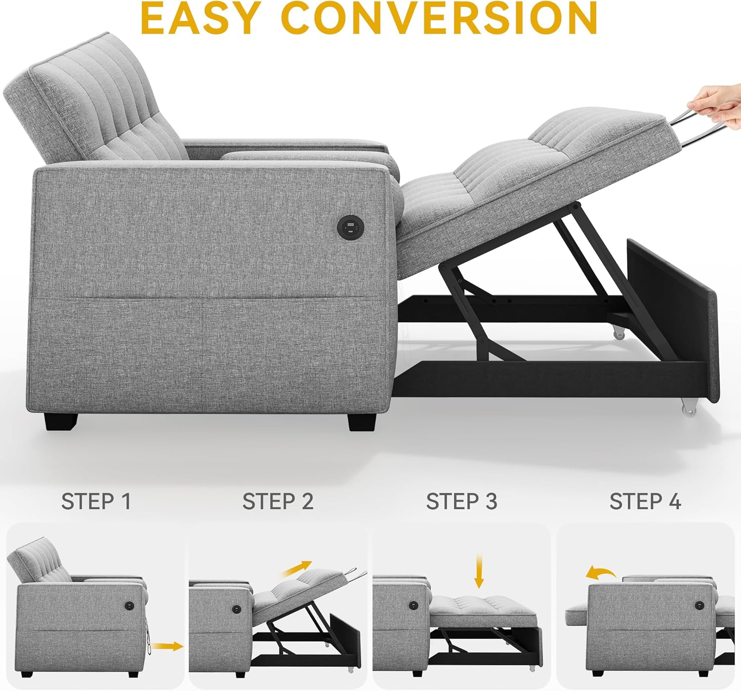 DWVO Convertible Sleeper Sofa Bed: 3-in-1 Loveseat Couch with Pullout Bed, 7-Level Adjustable Backrest, USB Ports, Storage Pockets, Pillows, Modern Lounge Furniture Light Gray