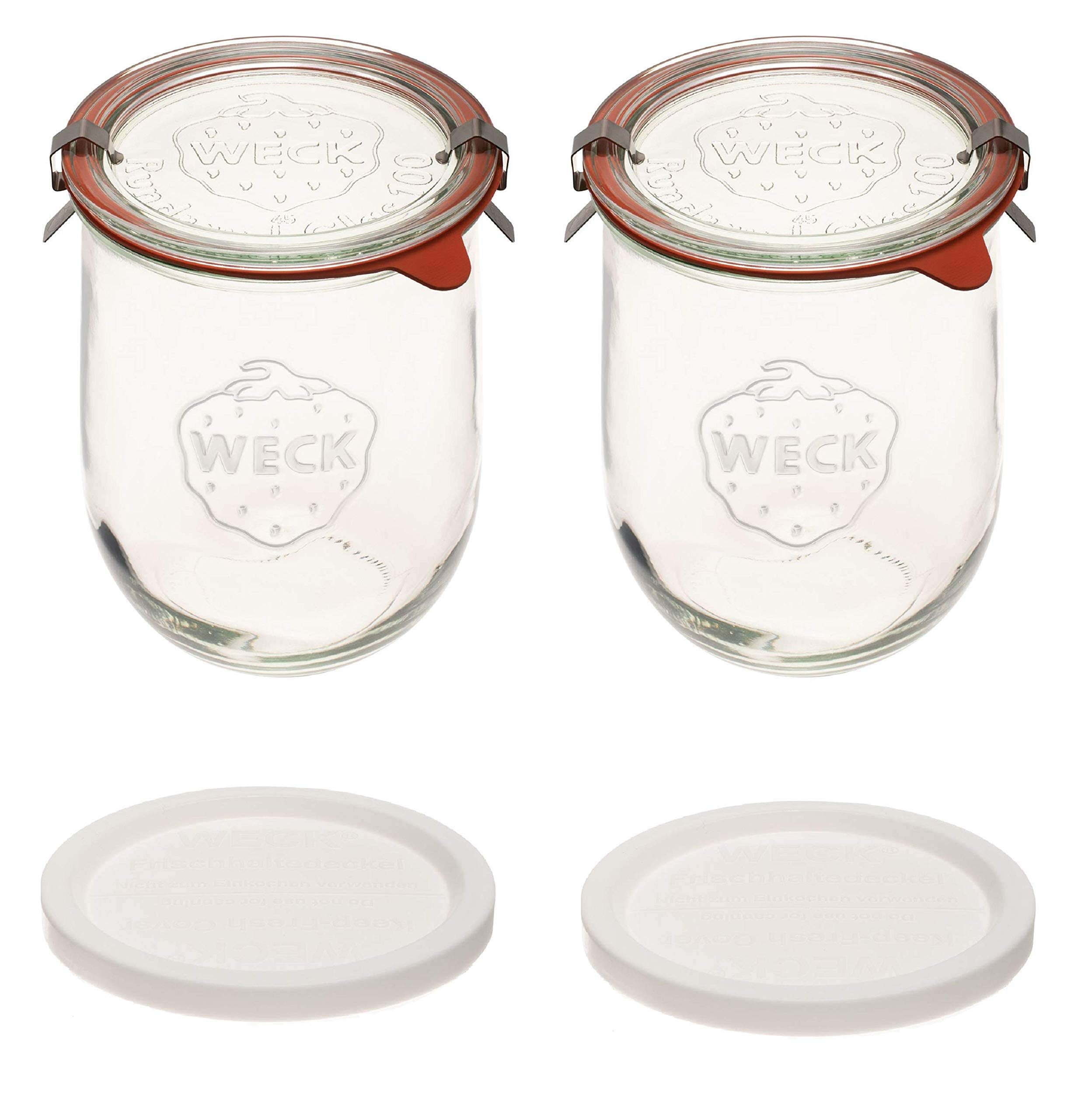 Weck Tulip Jars 1 Liter - Large Sour Dough Starter Jars with Wide Mouth - Suitable for Canning and Storage - 2 with Glass Lids