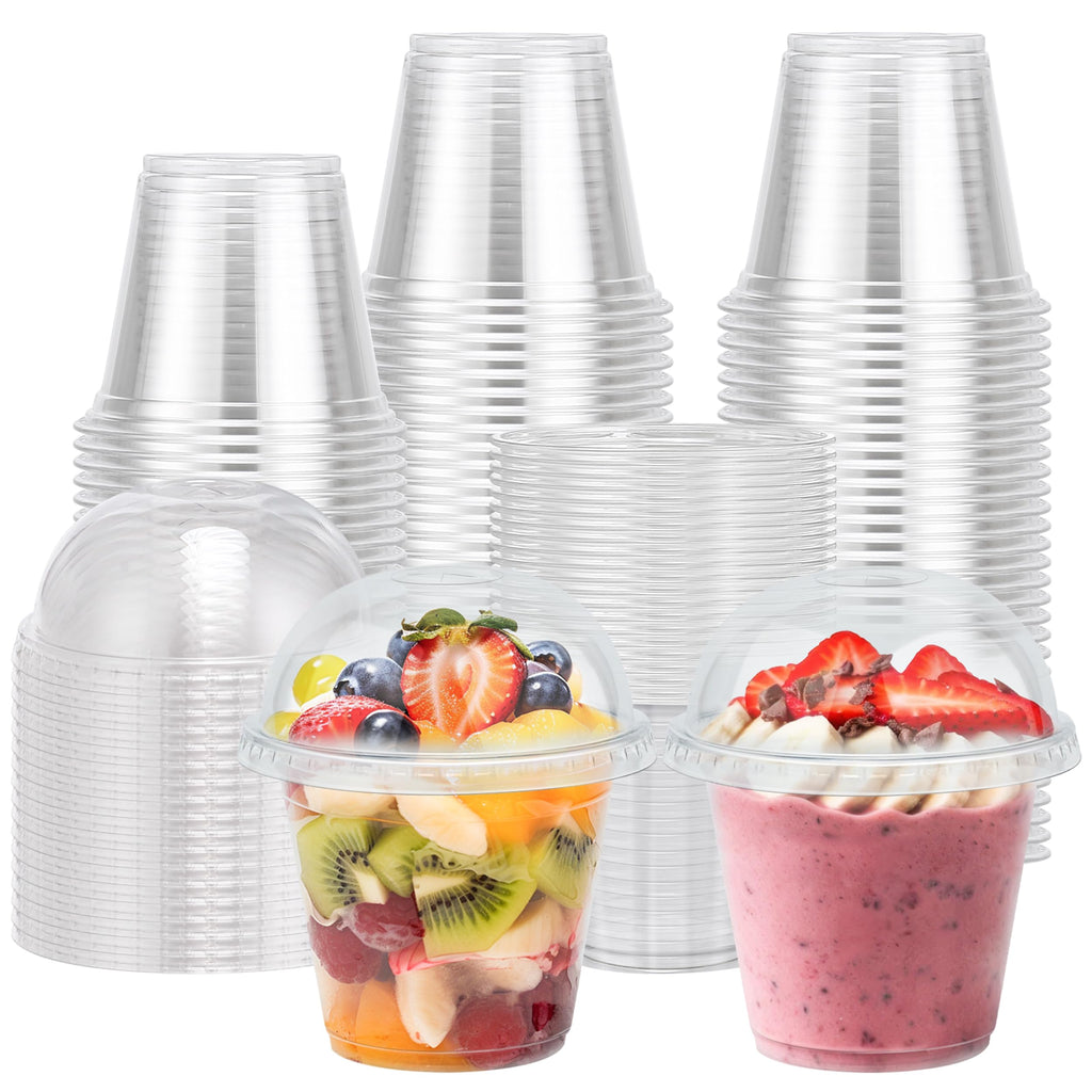 Lamosi 100 szt. 9 oz przezroczystych plastikowych kubków z pokrywkami, jednorazowe kubki z kopułkowymi pokrywkami, idealne do lodów, zimnych napojów, owoców, deserów, jogurtów parfait