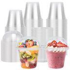 Lamosi 100 szt. 9 oz przezroczystych plastikowych kubków z pokrywkami, jednorazowe kubki z kopułkowymi pokrywkami, idealne do lodów, zimnych napojów, owoców, deserów, jogurtów parfait