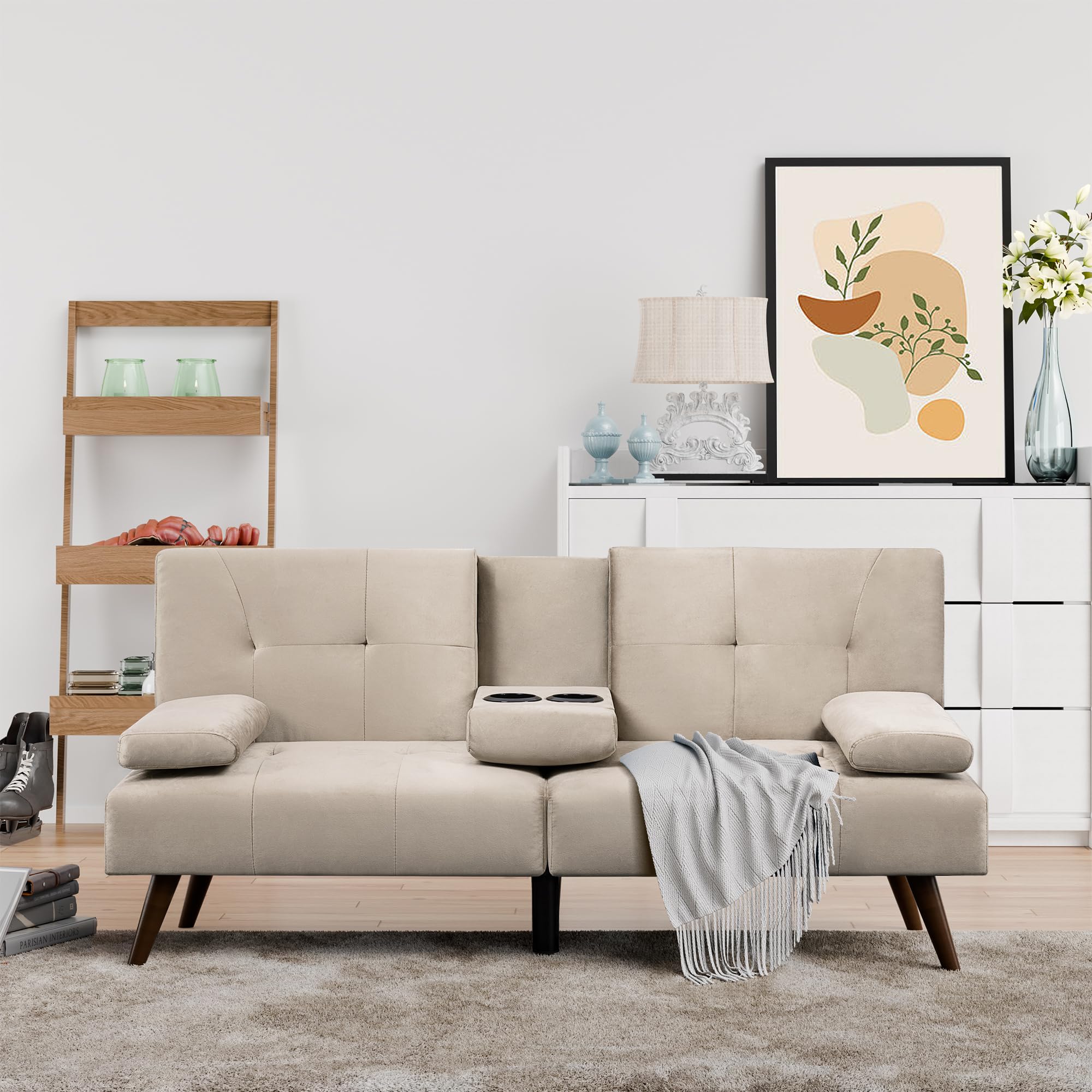 Shintenchi Futon Sofa Bed, Velvet Foldable Couch Reclining Sleeper w/Removable Armrests, Upholstered Loveseat w/Folding Cup Holders for Home, Office, Dark Gray