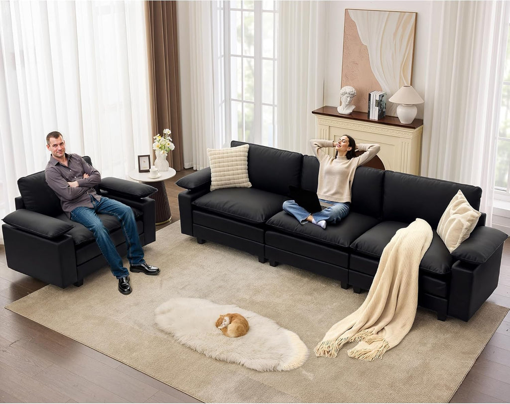 TYBOATLE 122'' Sofa Set for Living Room, Black Leather Sectional Couch with Chairs, Comfy Cloud Couch w/Adjustable Wider Armrest, Deep Seat Upholstered Modular Sofa for Office, Studio, Appartment