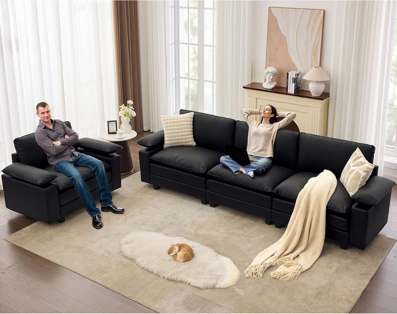 TYBOATLE 122'' Sofa Set for Living Room, Black Leather Sectional Couch with Chairs, Comfy Cloud Couch w/Adjustable Wider Armrest, Deep Seat Upholstered Modular Sofa for Office, Studio, Appartment