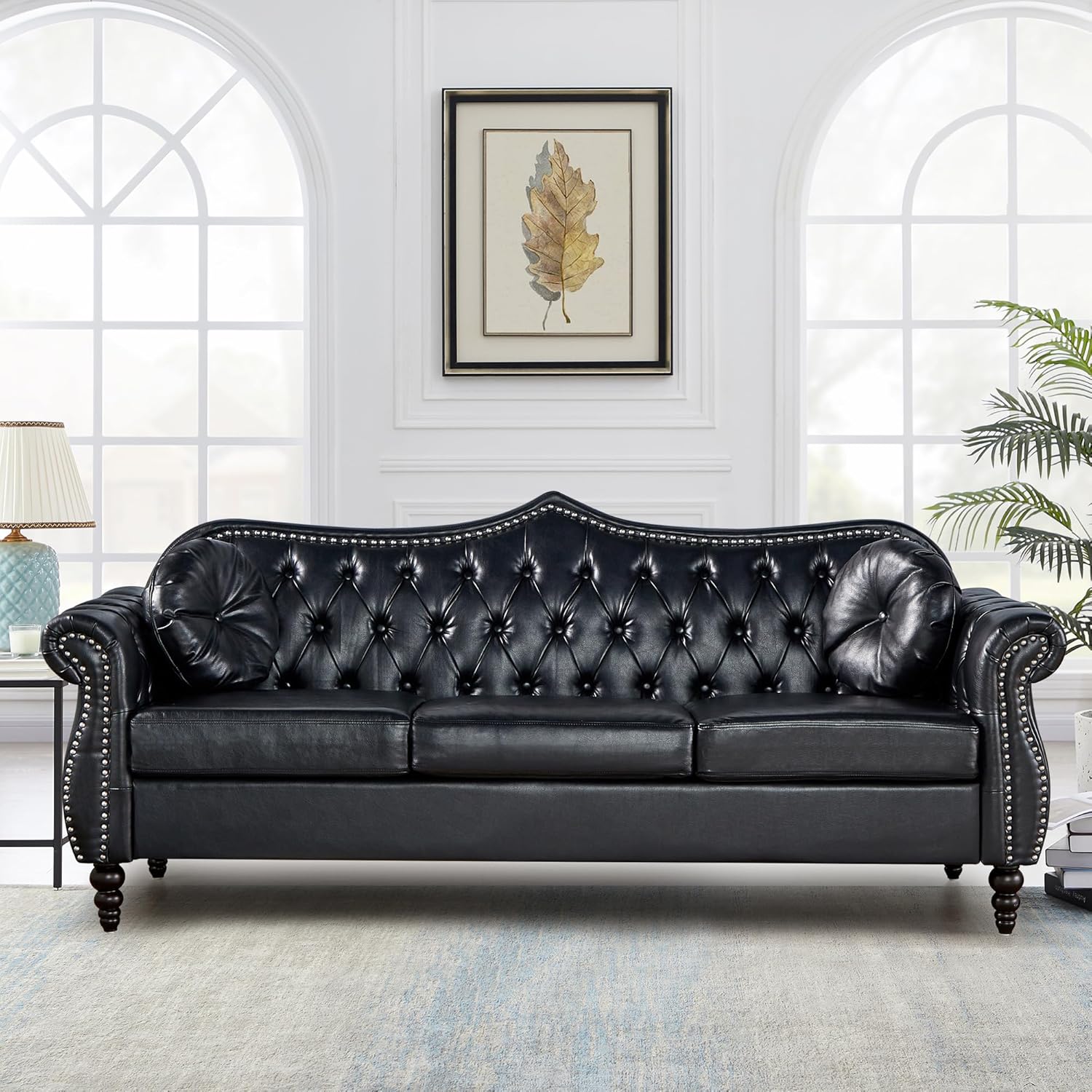 AVZEAR 82" Three Seater Leather Sofa, Chesterfield Sofa, Mid-Century Modern PU Upholstered Sofa Couch, Deep Button Tufted Living Room Sofa with Two Throw Pillows, Black