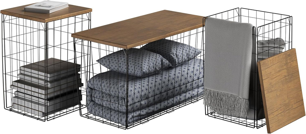 Set of 3 Living Room Tables - Metal Basket Storage with Removable Lids - 2 Small Side and 1 Large Accent Table by Lavish Home (Brown/Black)