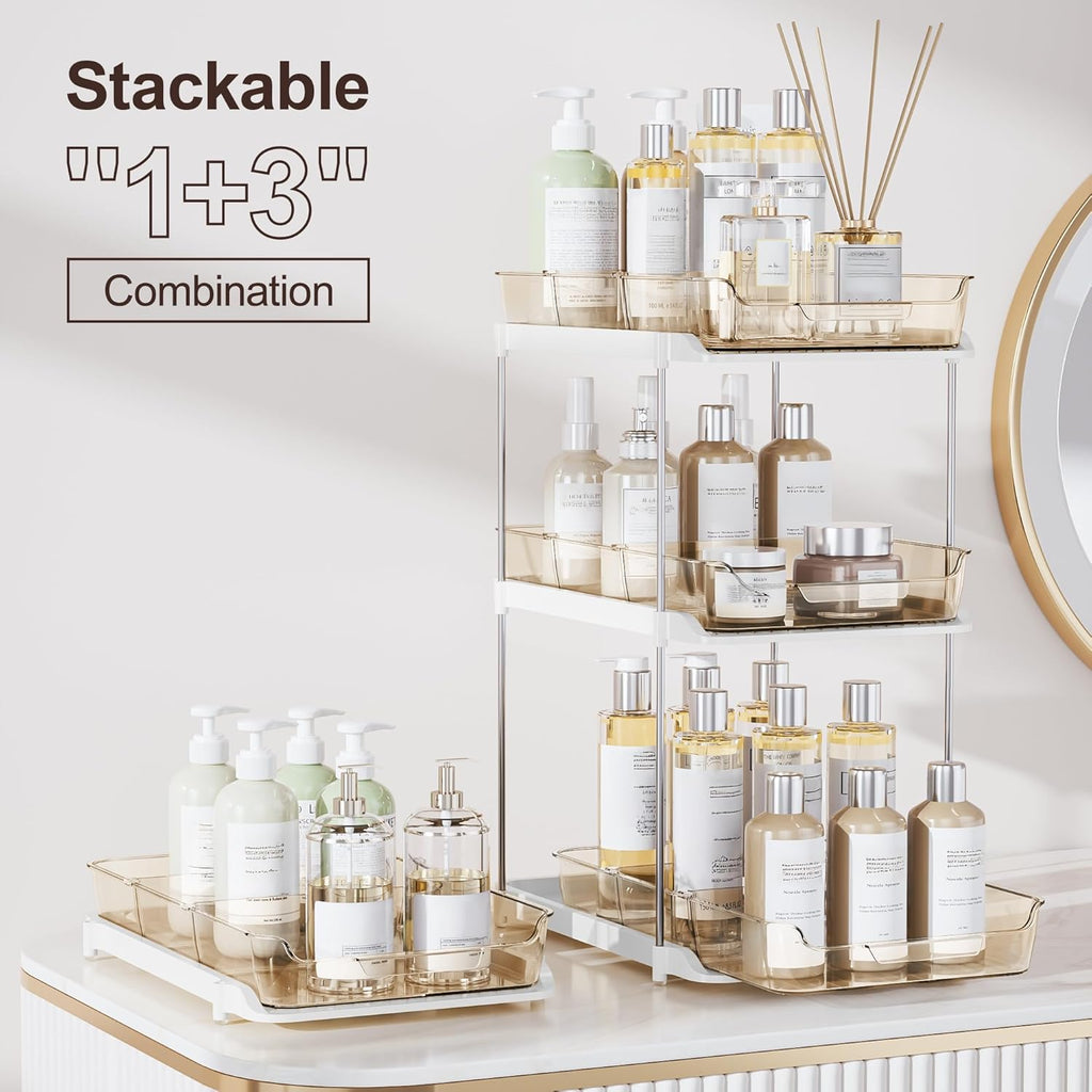 Delamu 2-Tier Multi-Purpose Bathroom Under Sink Organizers and Storage, Stackable Kitchen Pantry Organization, Pull Out Medicine Cabinet Organizer with Movable Dividers, Amber, 2 Pack