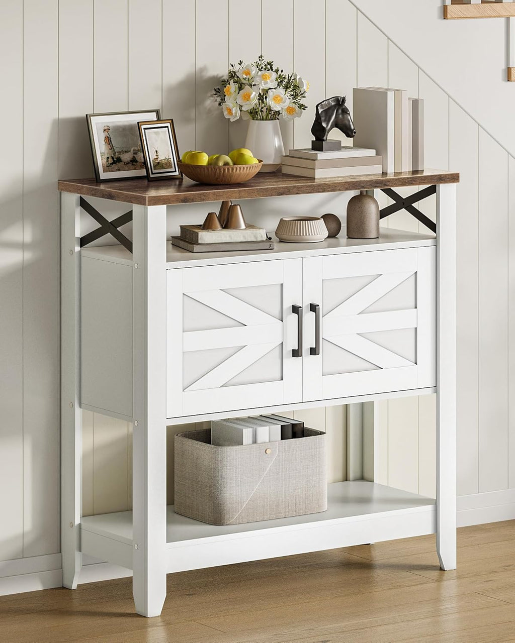 Console Table, Farmhouse Sofa Table with Power Outlet, Entryway Table with Cabinet and Open Shelves, Coffee Bar Cabinet with Storage for Entrance, Hallway, Kitchen, White and Walnut MXG01UWL