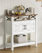 Console Table, Farmhouse Sofa Table with Power Outlet, Entryway Table with Cabinet and Open Shelves, Coffee Bar Cabinet with Storage for Entrance, Hallway, Kitchen, White and Walnut MXG01UWL