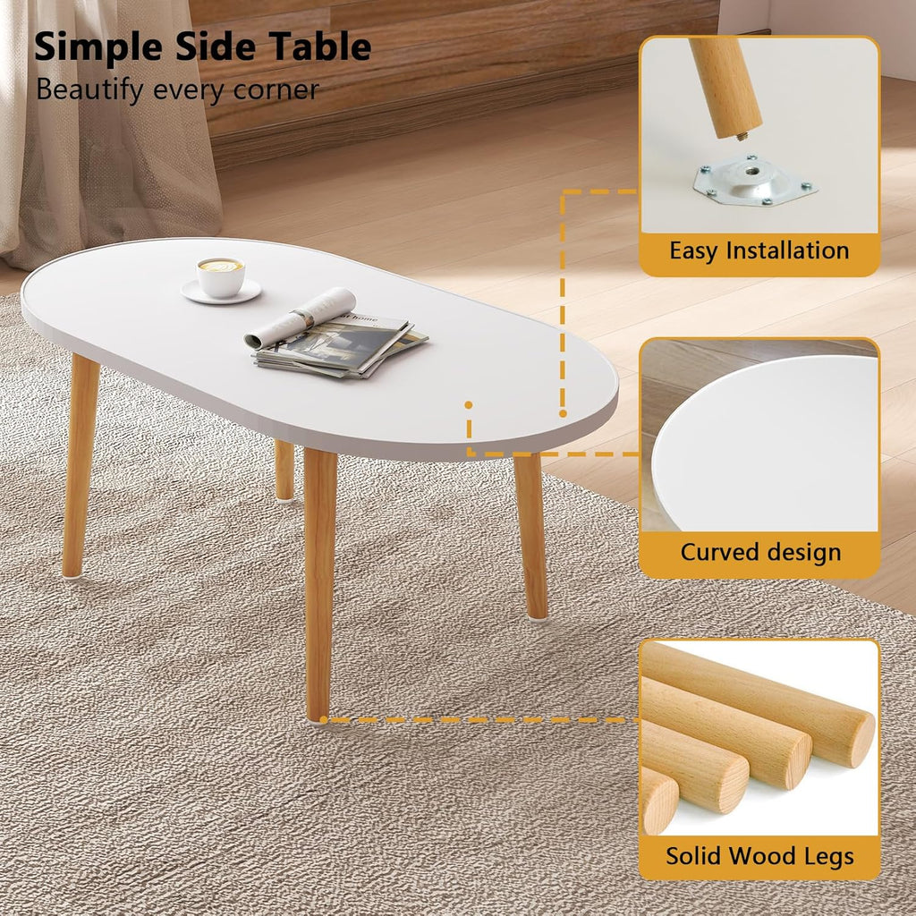 Oval Coffee Table Low Table with 4 Solid Wood Sturdy Legs, Floor Table Desk for Sitting on The Floor, Storage and Living Room Furniture (White)