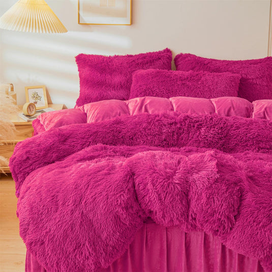 Fluffy Pink Faux Fur Comforter Cover Set，Fluffy Fuzzy Plush Pink Bedding 3Pcs (1 Faux Fur Duvet Cover +2 Fuzzy Pillowcases) Pink Fluffy Bed Set (Pink, Queen)