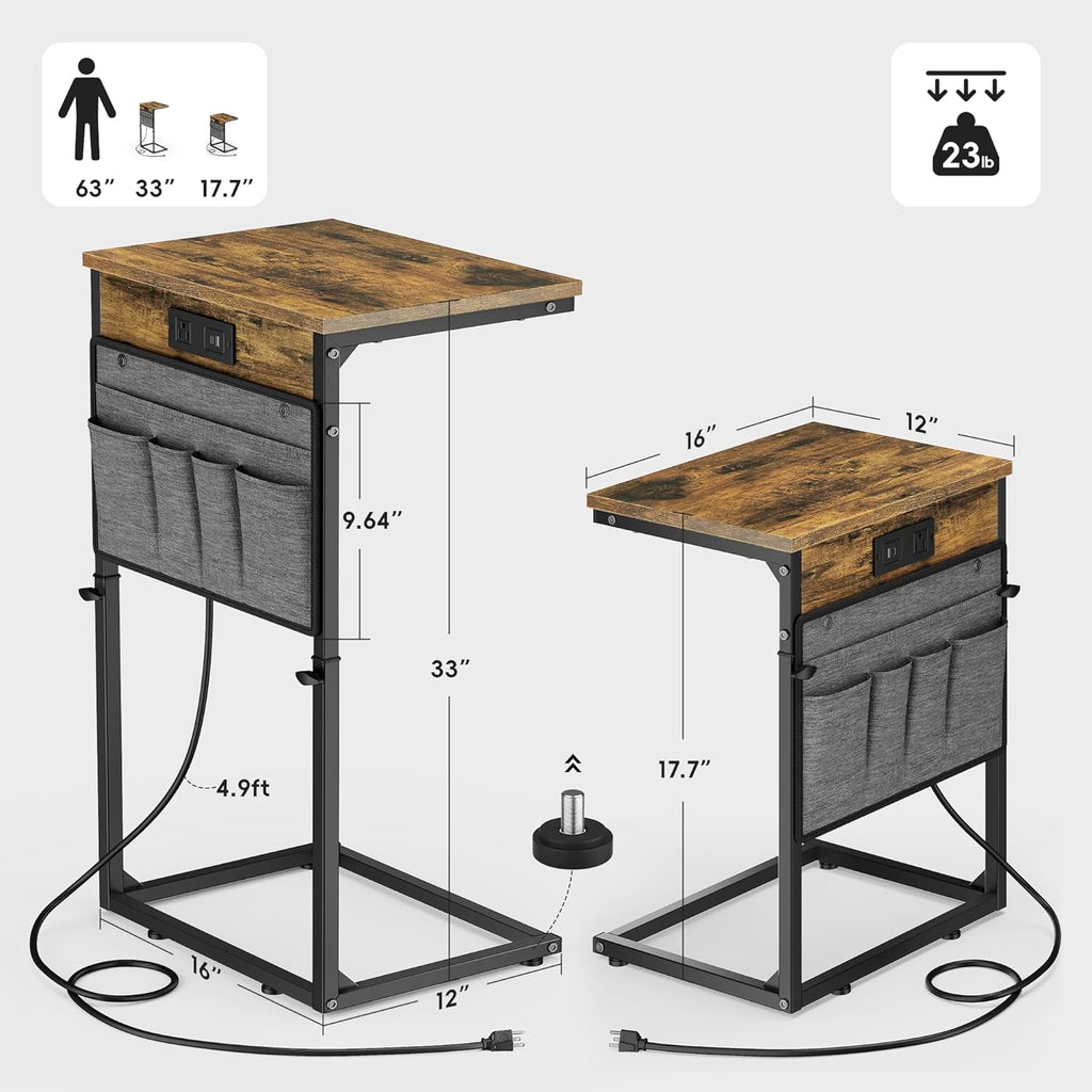 Vagusicc C Shaped End Table with Charging Station, 33" Tall Side Table for Couch, Sofa Table Adjustable Height Small Couch Side C Table, Slide Under Sofa Tray Arm Table for Living Room, Bedroom, Brown