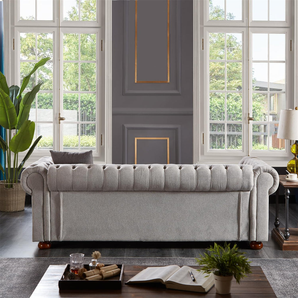 Harper & Bright Designs 3-Seat Chesterfield Sofa with Button Tufted, Nailhead Trim and Solid Wood Legs, Classical Linen Fabric Couch for Living Room, Office, Light Grey